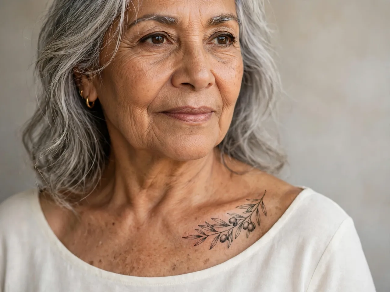 Portrait of a Latina woman in her sixties with silver hair and an olive branch collarbone tattoo wearing an ivory top