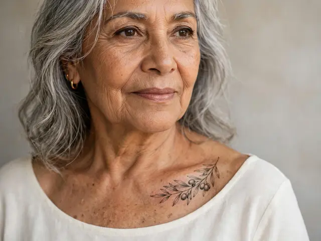Portrait of a Latina woman in her sixties with silver hair and an olive branch collarbone tattoo wearing an ivory top