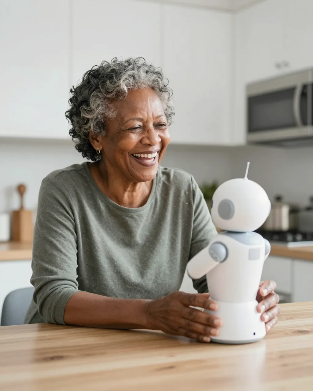 Laughing senior Black woman interacts with a small white companion robot at her bright kitchen table