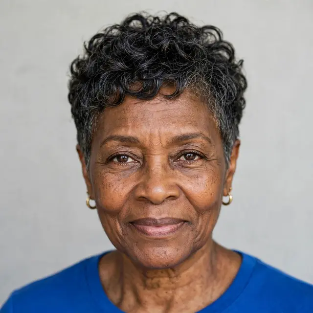 Close-up portrait of a Black woman in her sixties with a curly pixie cut and cobalt blue top