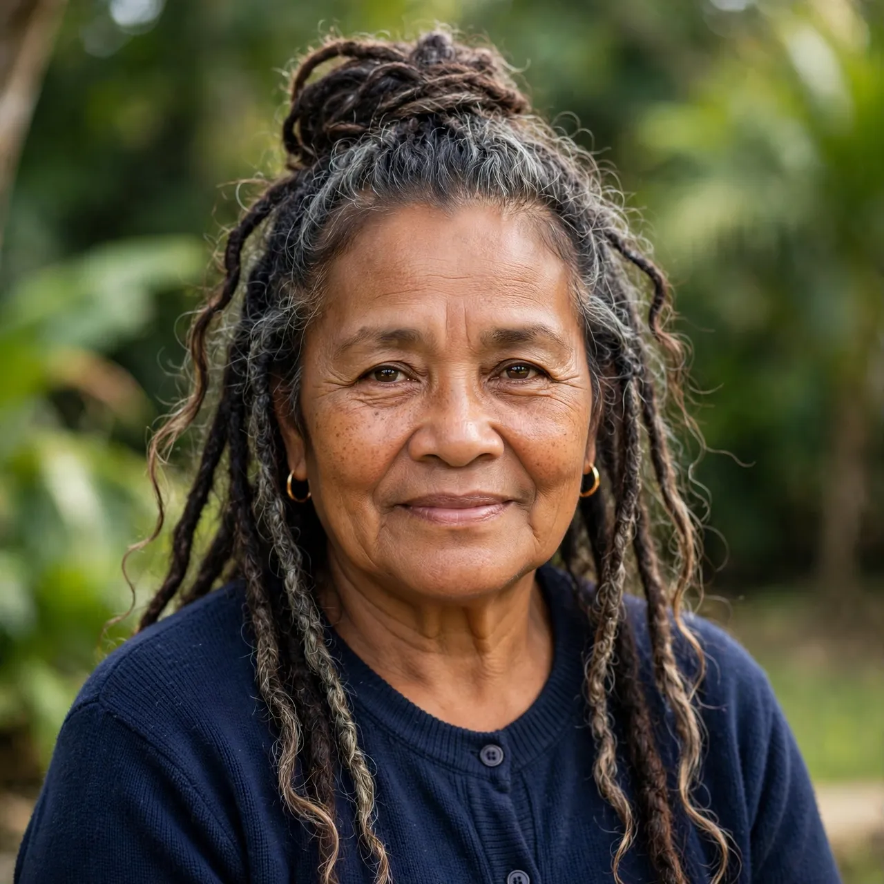 Smiling senior Pacific Islander woman with locs in a half-up bun stands outdoors in soft daylight