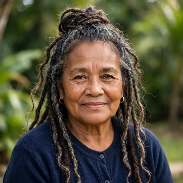 Smiling senior Pacific Islander woman with locs in a half-up bun stands outdoors in soft daylight