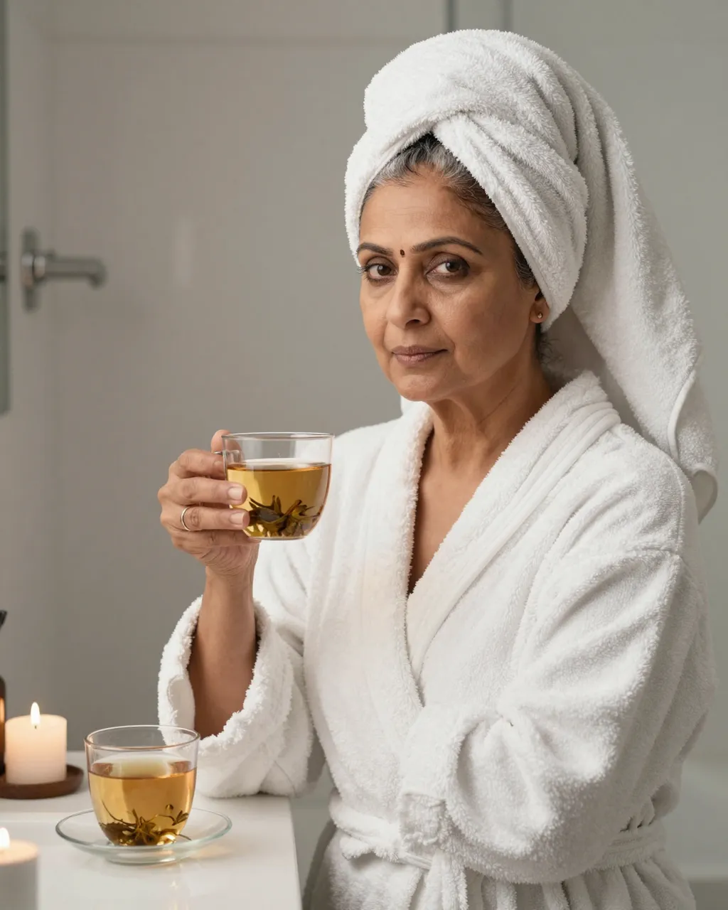 South Asian senior woman in a bathrobe and head towel holds a glass of herbal tea beside lit candles on a bathroom counter