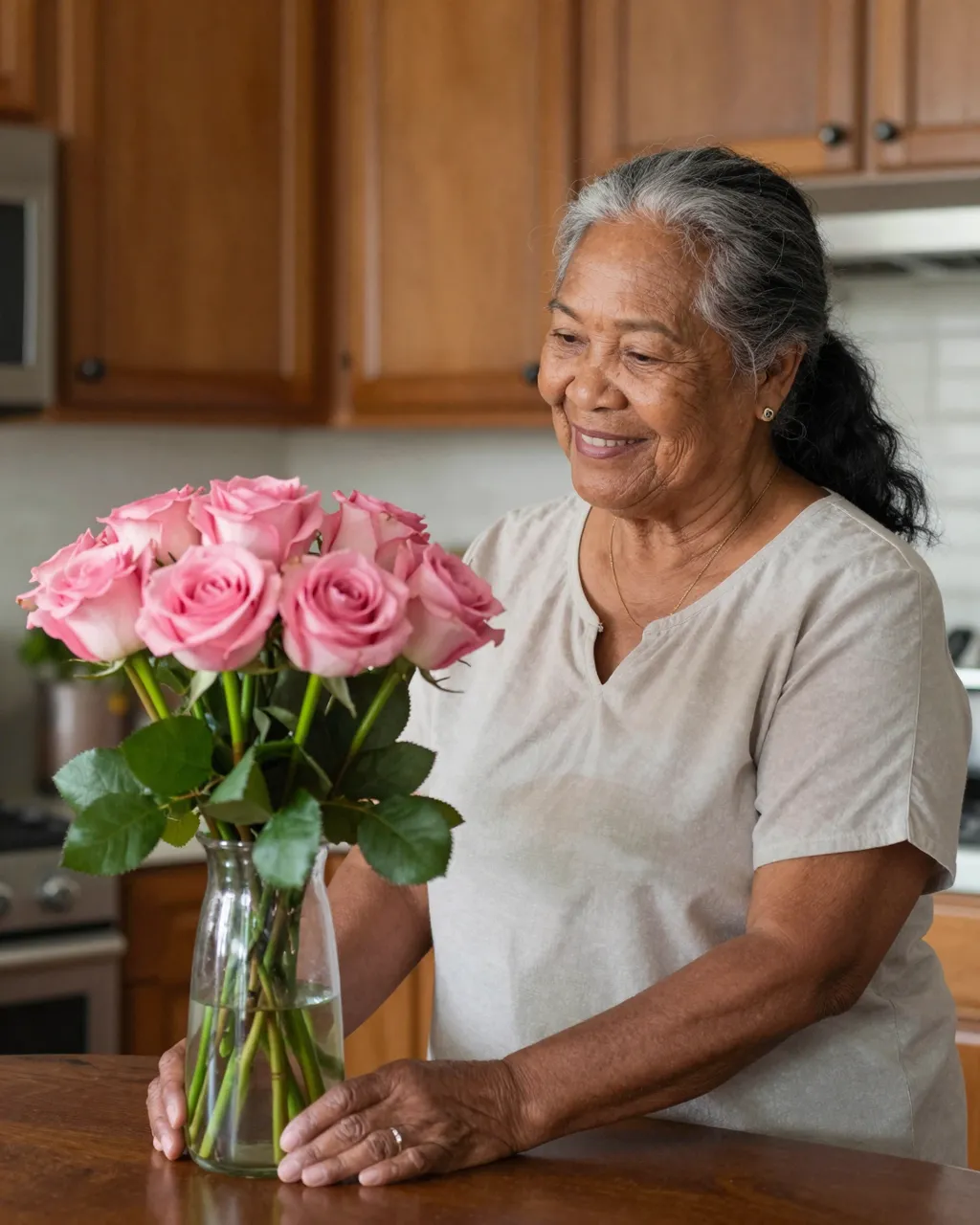 A smiling senior Pacific Islander woman looks at a vase of pink roses on her kitchen table