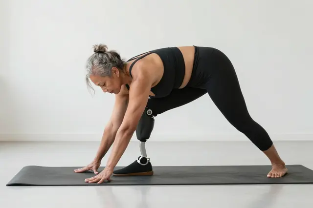 Mixed-race senior woman with a prosthetic leg holds a yoga stretch on a black mat in a bright minimalist studio