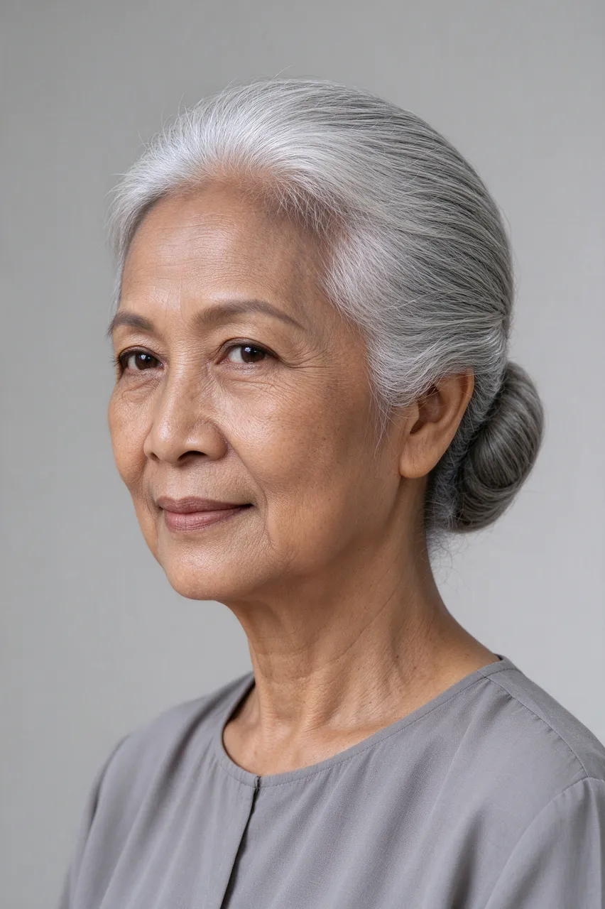 Portrait of a senior Southeast Asian woman with neat silver chignon and soft dove-grey blouse against a plain grey