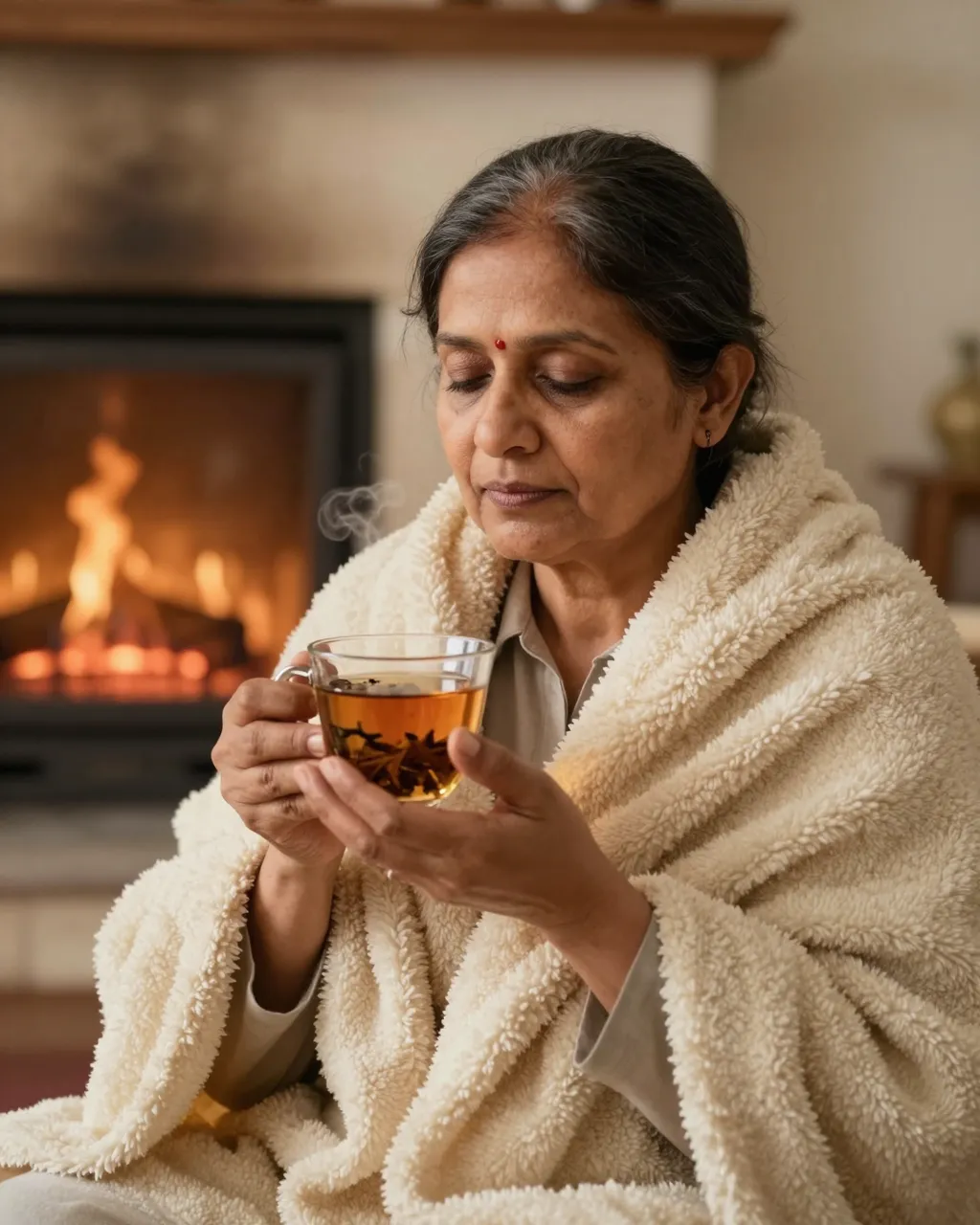 A South Asian senior woman wrapped in a warm blanket holds herbal tea with closed eyes near a lit fireplace.