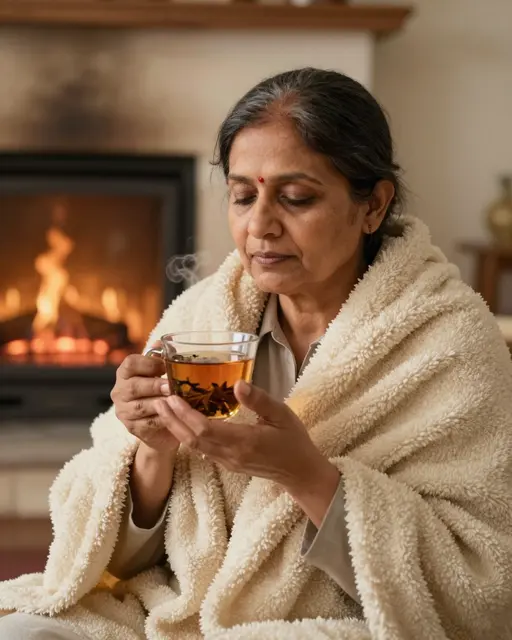 A South Asian senior woman wrapped in a warm blanket holds herbal tea with closed eyes near a lit fireplace.