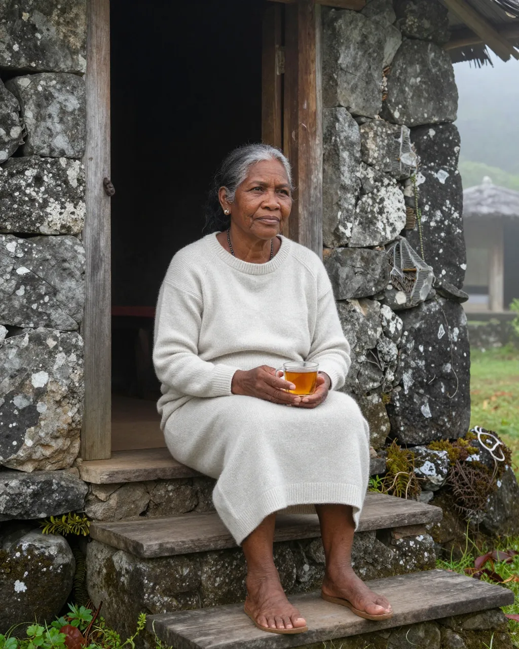 Elderly Pacific Islander woman sits on stone hut steps holding a tea cup in morning mist
