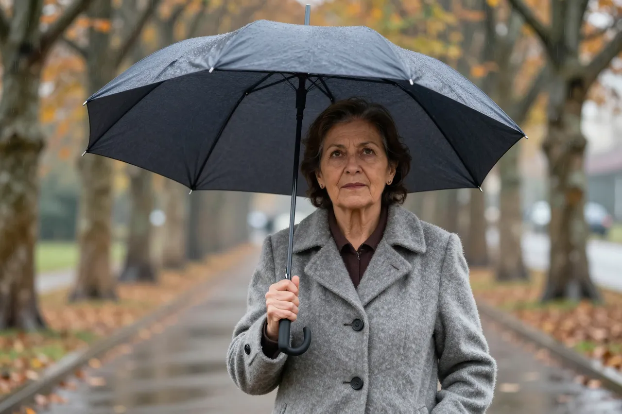 An older woman in a wool coat holds a dark umbrella while standing on an autumn tree-lined paved path in rain.