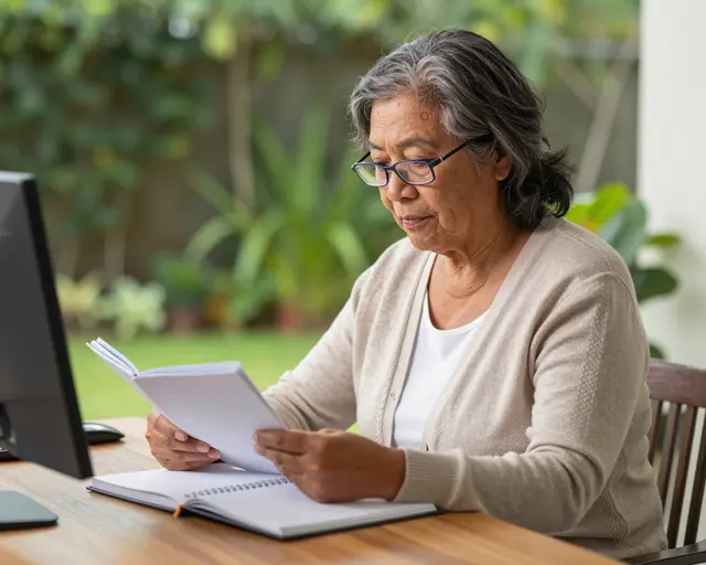 Senior Pacific Islander woman with reading glasses reviews notes at a wooden home desk overlooking a green garden.