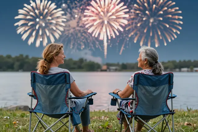 Two older women sit in blue folding lawn chairs on a lakeshore watching exploding Fourth of July fireworks at dusk.