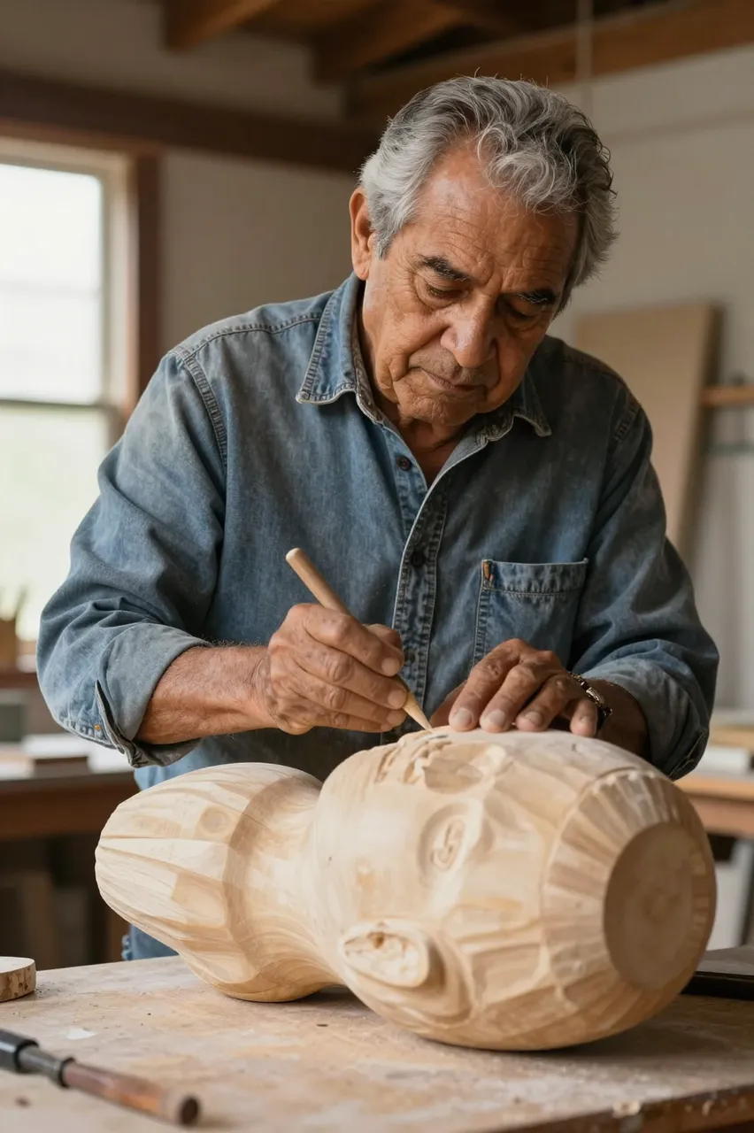 Older Latino man focuses on carving a large wooden sculpture in a sunlit workshop studio