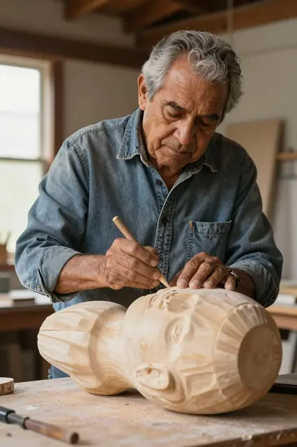Older Latino man focuses on carving a large wooden sculpture in a sunlit workshop studio