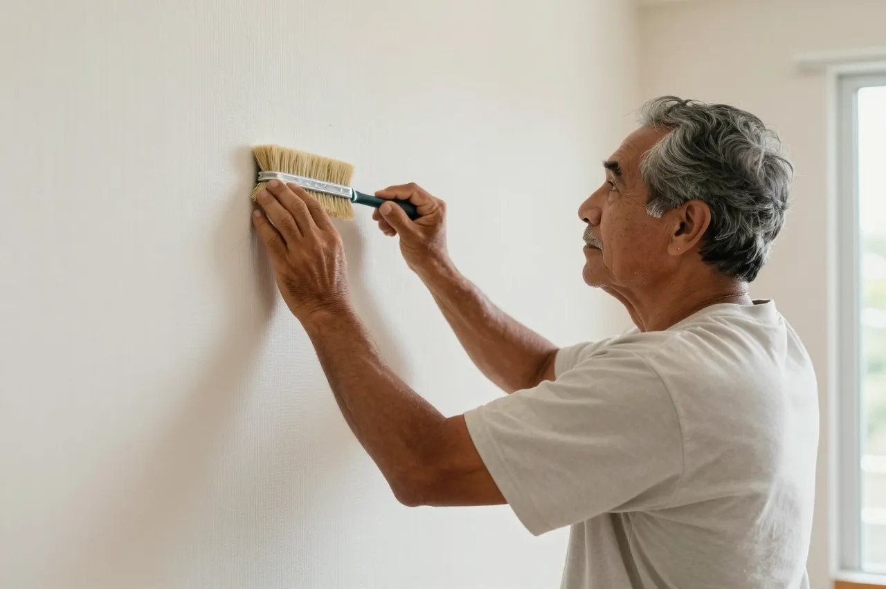 Side view of a senior man smoothing textured wallpaper onto a wall with a wallpaper brush near a sunlit window.