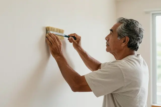 Side view of a senior man smoothing textured wallpaper onto a wall with a wallpaper brush near a sunlit window.