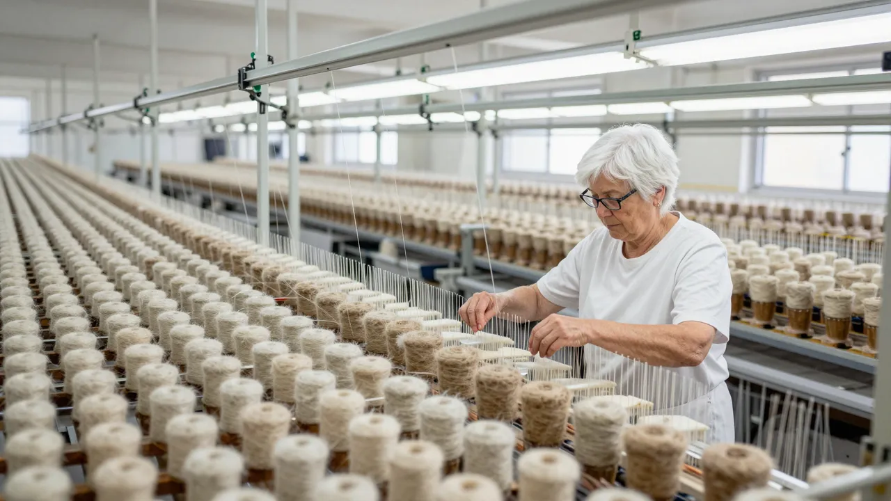 An older woman works with rows of yarn spools inside a bright textile factory.