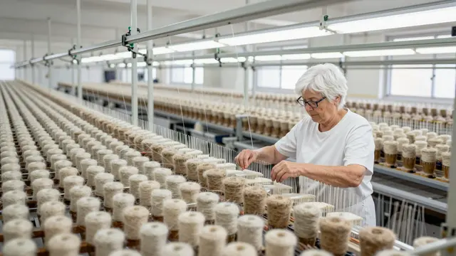 An older woman works with rows of yarn spools inside a bright textile factory.