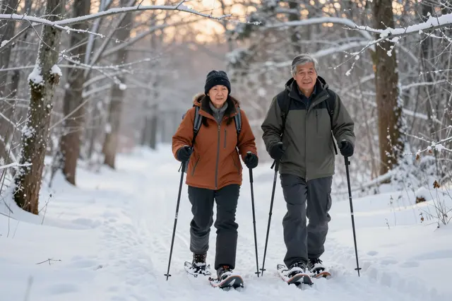 Two older adults snowshoe together along a snow covered forest path during golden hour