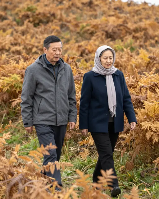 Two older adults walk side by side through golden autumn bracken on a hillside