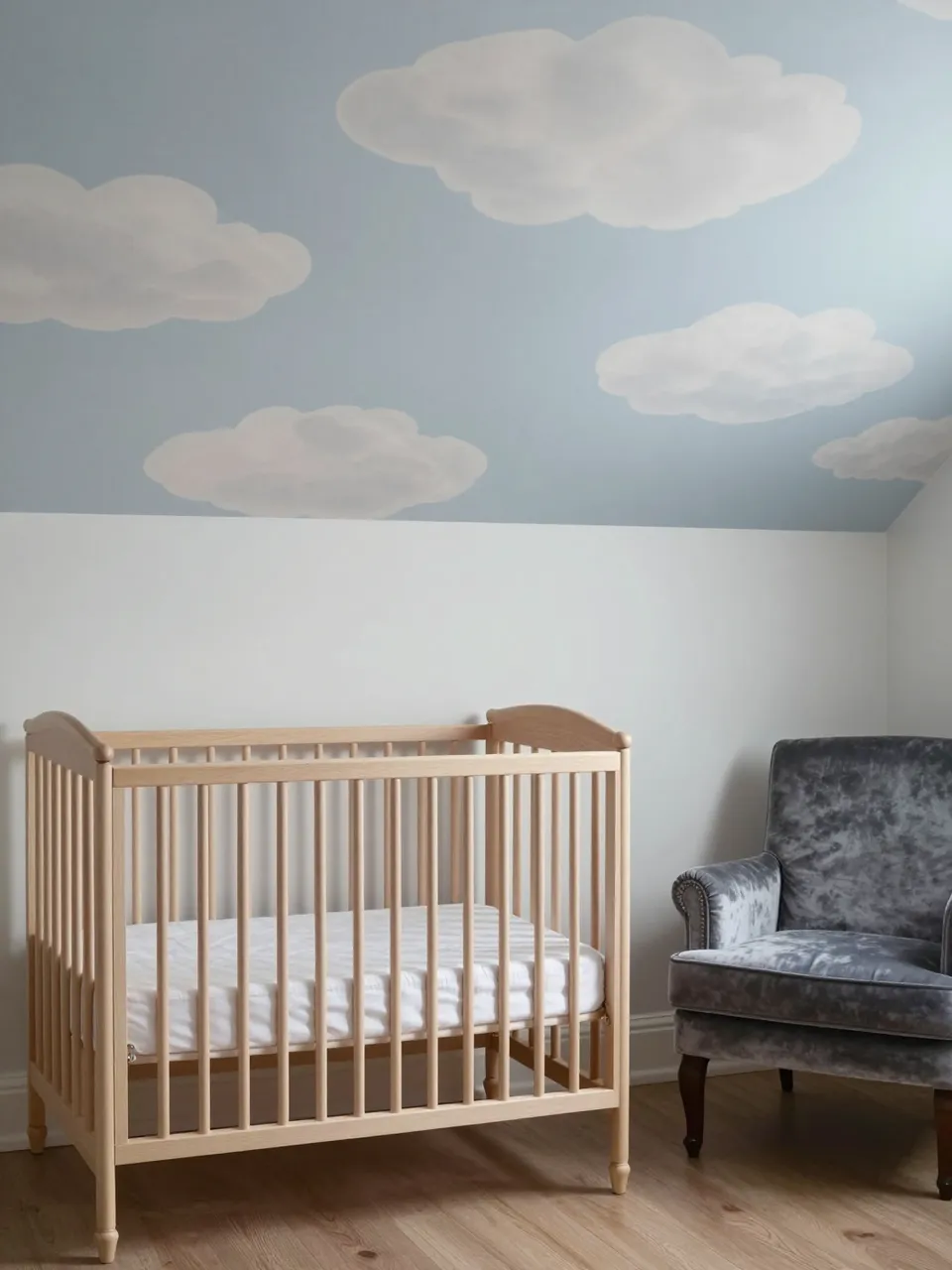 Light wood crib and gray velvet armchair sit under a ceiling painted with soft cloud illustrations