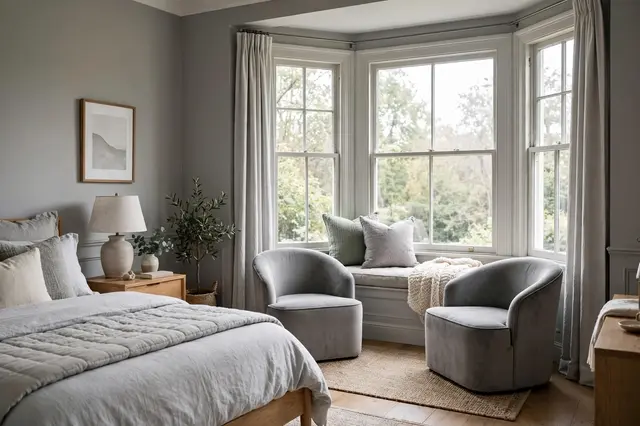 Cozy primary bedroom with soft gray walls, bay window seating, and two gray tub chairs