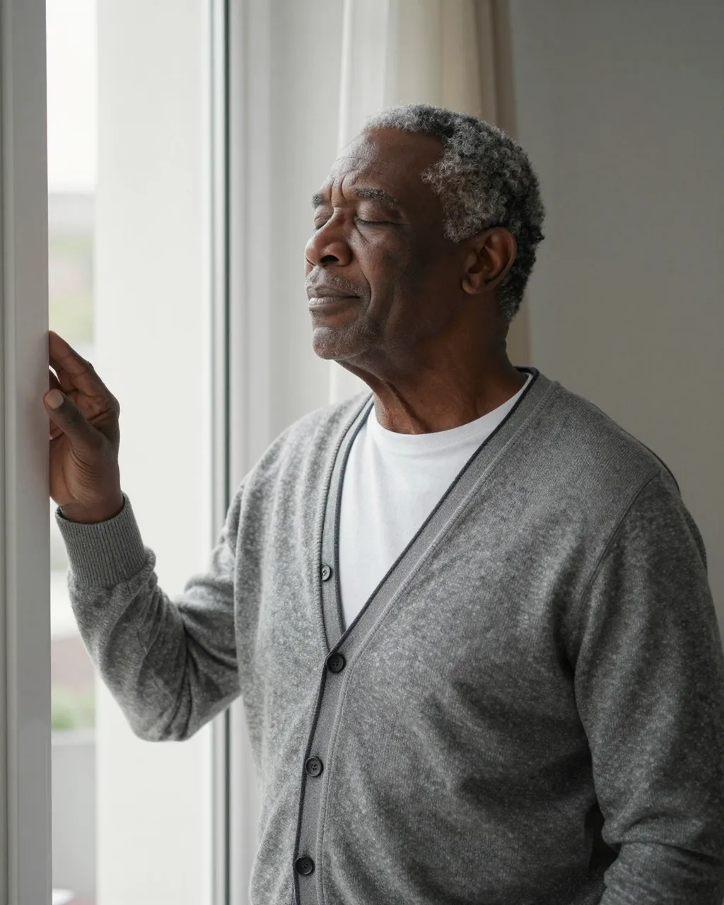 Elderly Black man with closed eyes stands quietly beside a bright indoor window