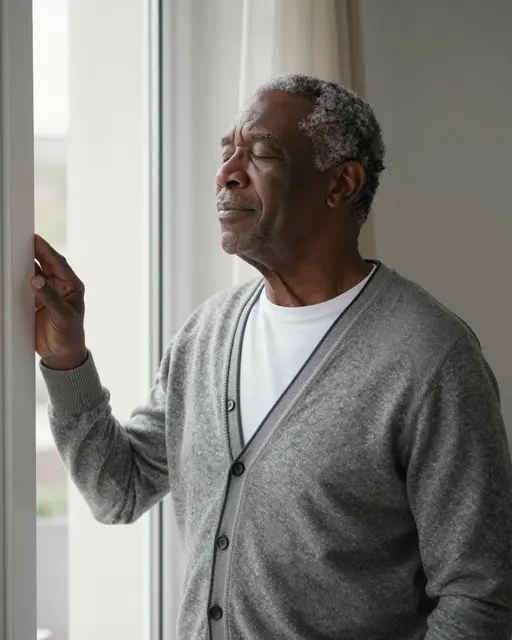 Elderly Black man with closed eyes stands quietly beside a bright indoor window