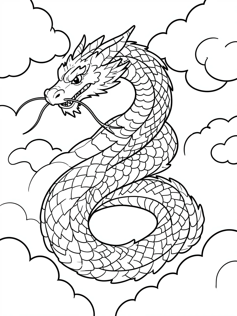 Black and white line art of a whiskered eastern dragon coiling through stylized clouds on a white background