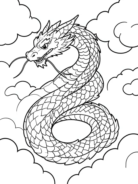 Black and white line art of a whiskered eastern dragon coiling through stylized clouds on a white background