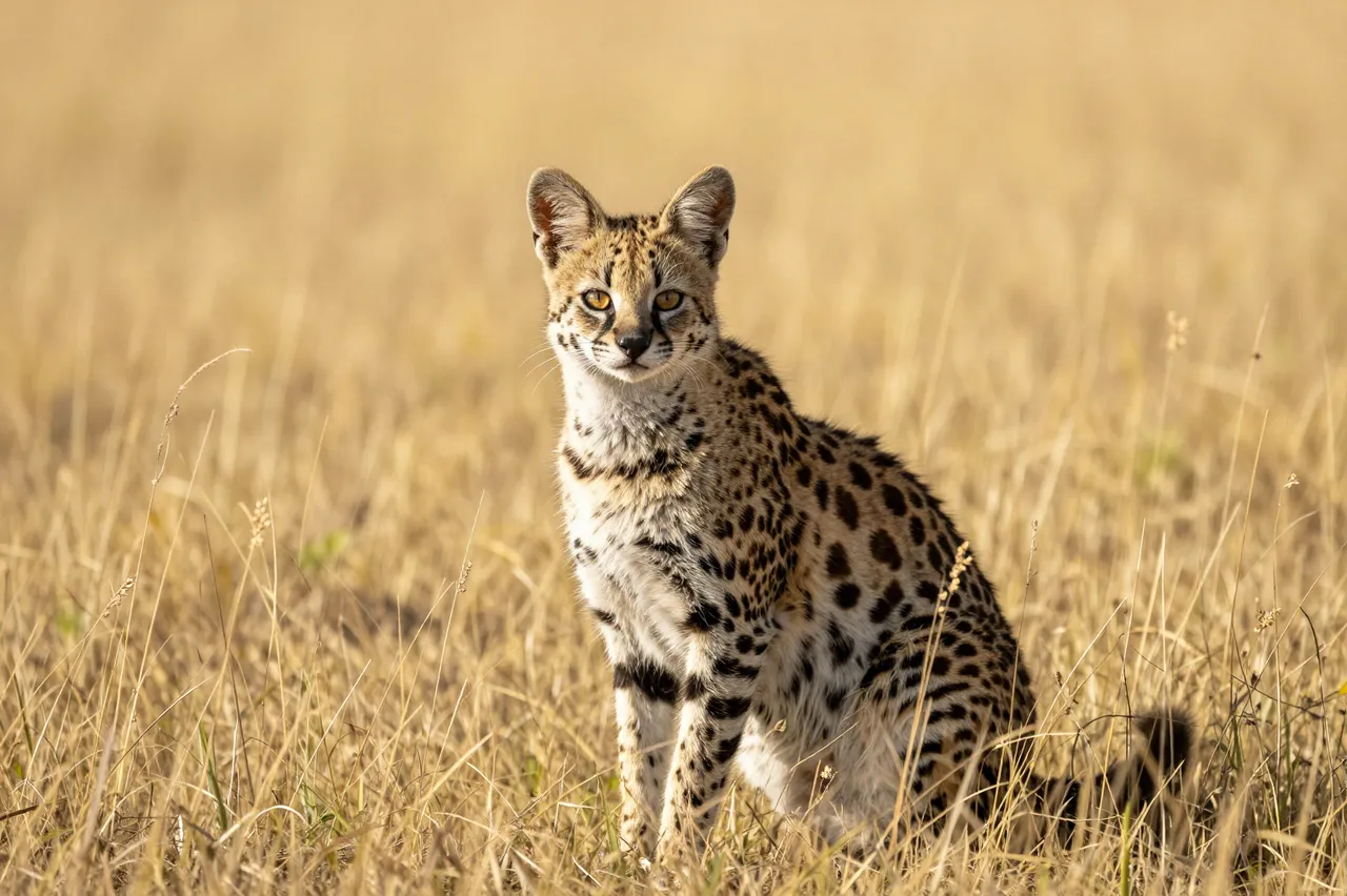 A spotted serval sits alert and facing the camera in tall dry golden savanna grass