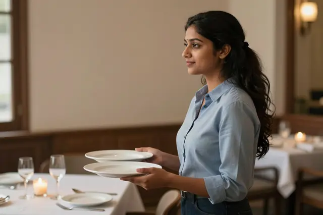 Side view of a young South Asian female server carrying empty plates toward a candlelit restaurant table