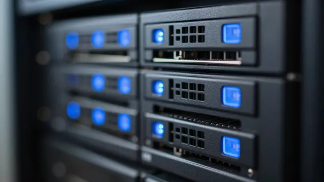 Macro close-up of a server rack with glowing blue status lights and soft bokeh blur on background units
