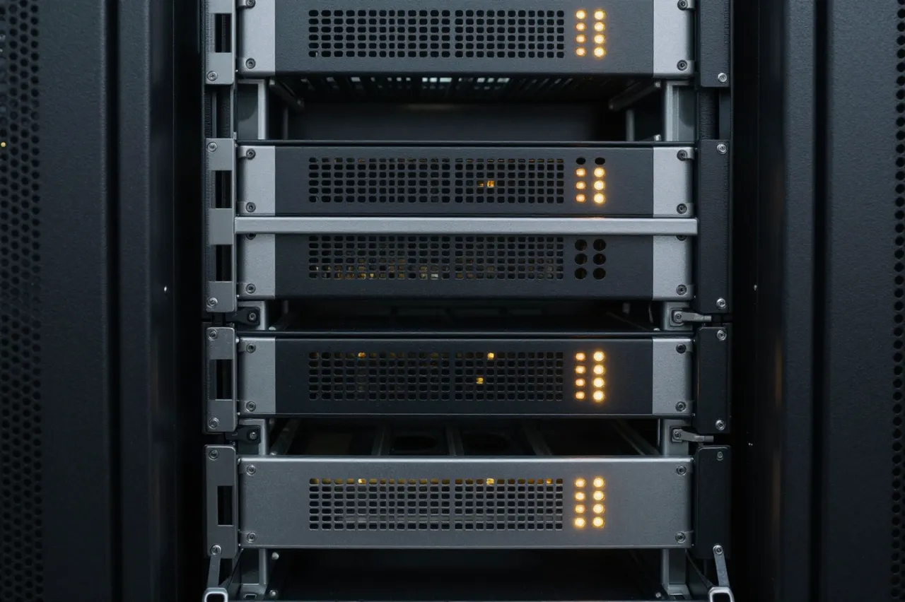 Close-up of stacked server rack units with illuminated status lights inside a data cabinet