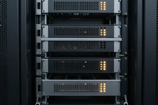 Close-up of stacked server rack units with illuminated status lights inside a data cabinet