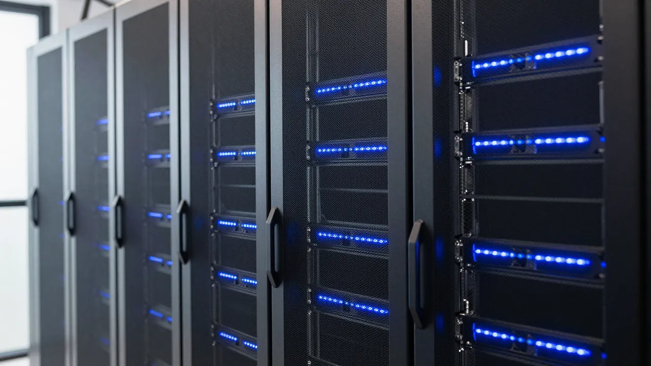 Row of data center server racks with glowing blue LED indicator lights