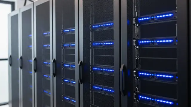 Row of data center server racks with glowing blue LED indicator lights