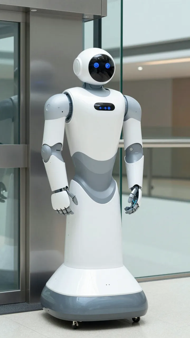White humanoid service robot stands waiting next to a glass elevator in a modern office atrium