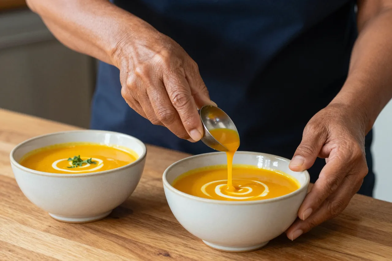 A woman uses a ladle to drizzle creamy garnish into bowls of butternut squash soup on a wooden counter