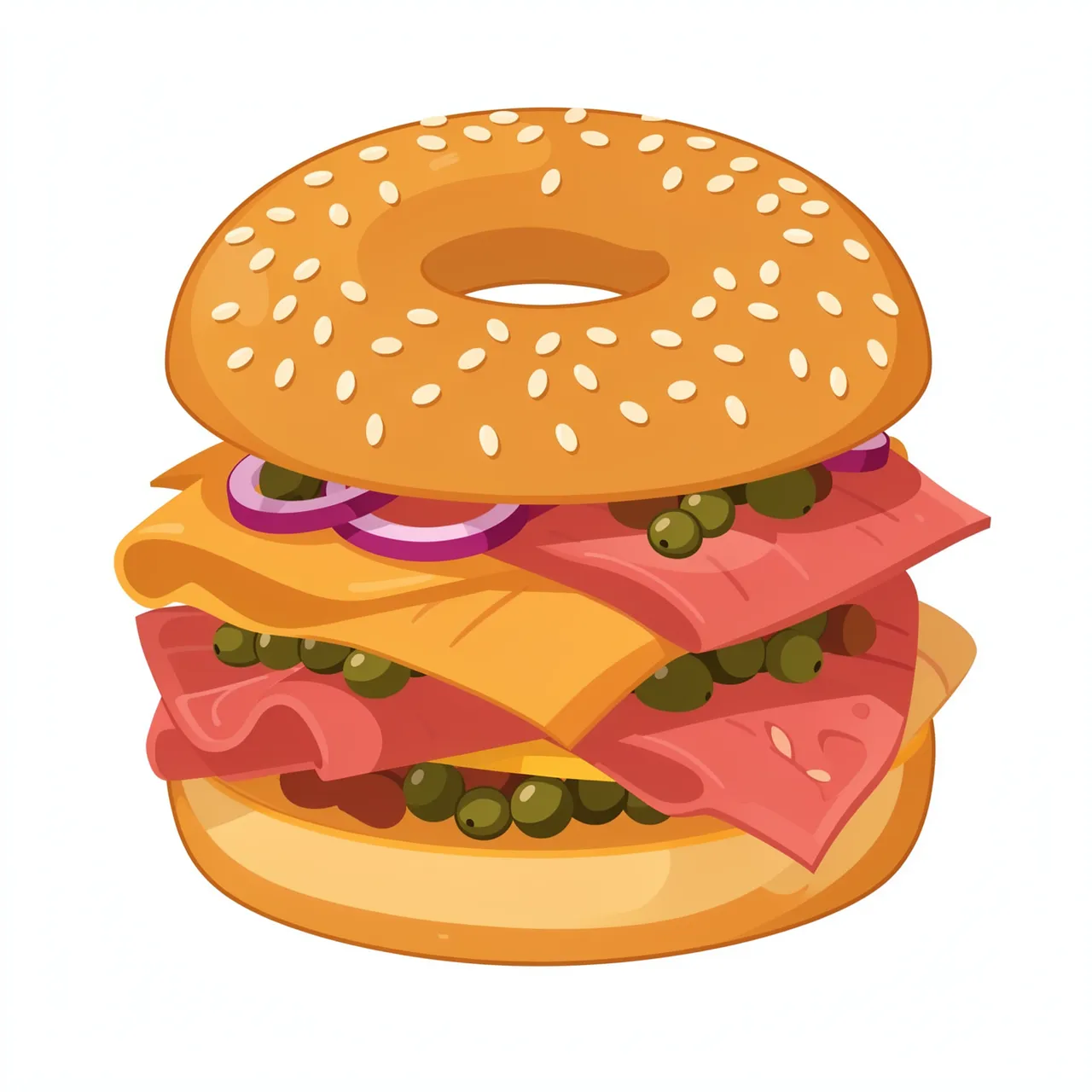 Flat vector illustration of a stacked sesame bagel sandwich with lox, capers and red onion on a white background