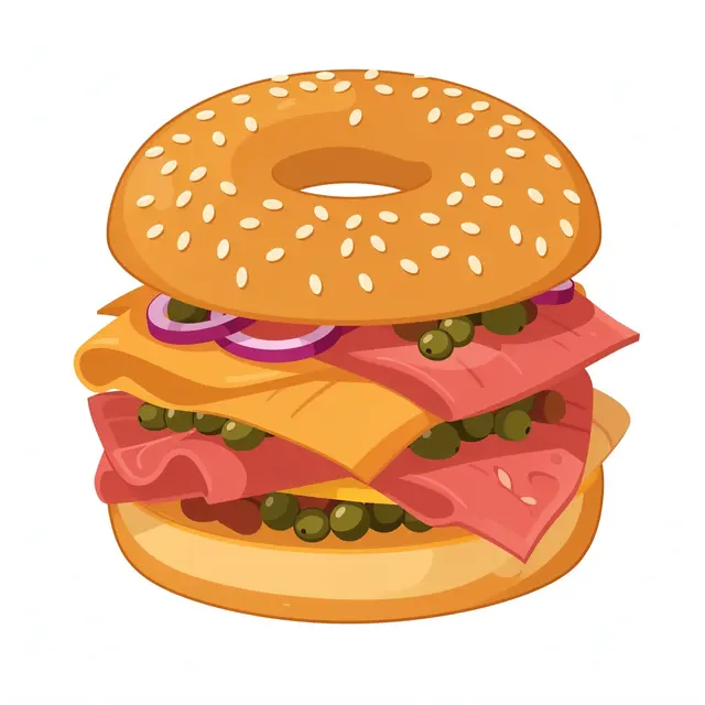 Flat vector illustration of a stacked sesame bagel sandwich with lox, capers and red onion on a white background