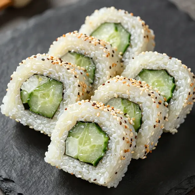 Close-up top-down view of cucumber maki sushi rolls sprinkled with sesame seeds on a dark slate plate.