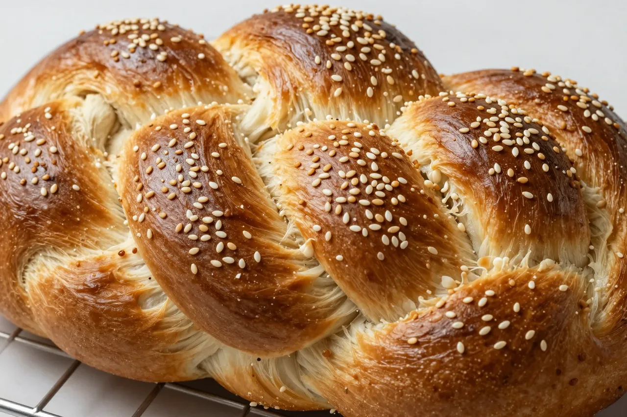 Freshly baked braided challah loaf topped with sesame seeds resting on a metal cooling rack