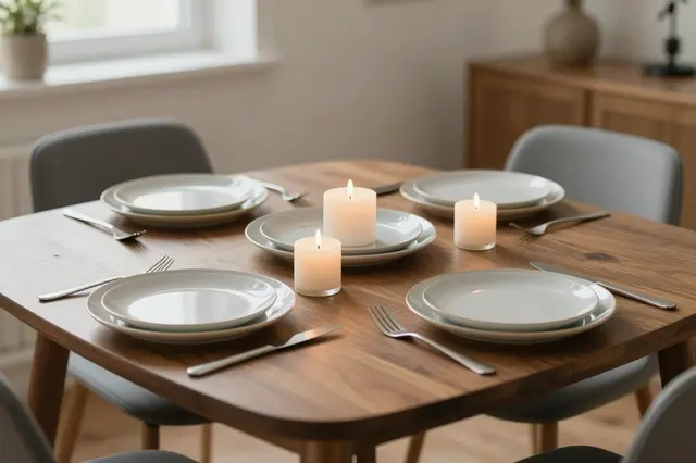 A wooden dining table set with stacked plates, silver cutlery, and lit candles in a small apartment dining nook.