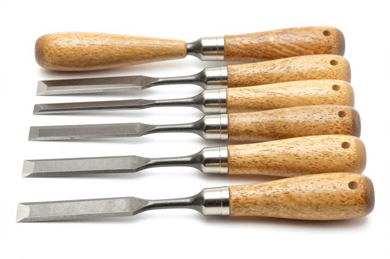 A set of beech-handled wood chisels laid side by side on a plain white background