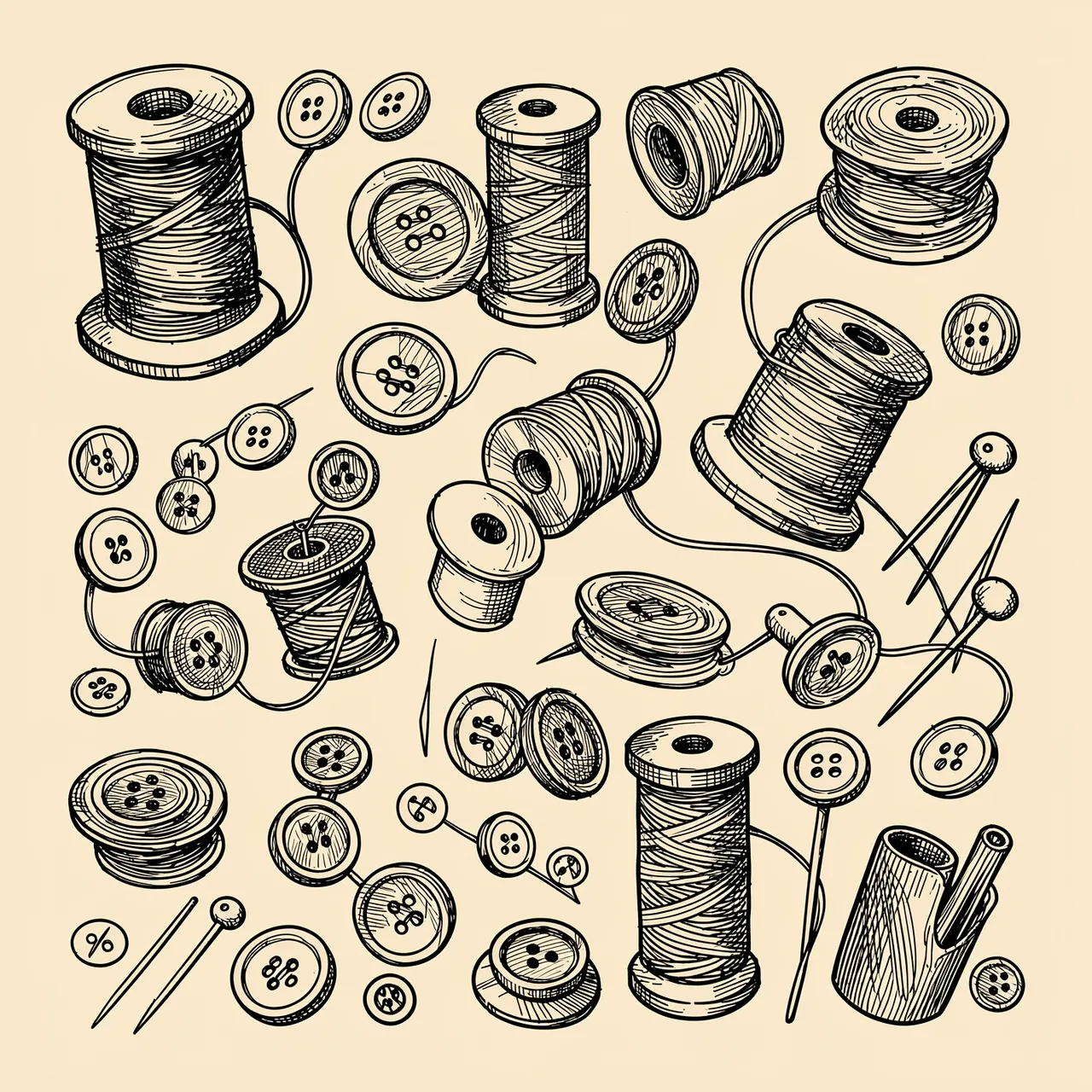 Black hand-drawn doodles of thread spools, buttons and sewing pins on a light beige background