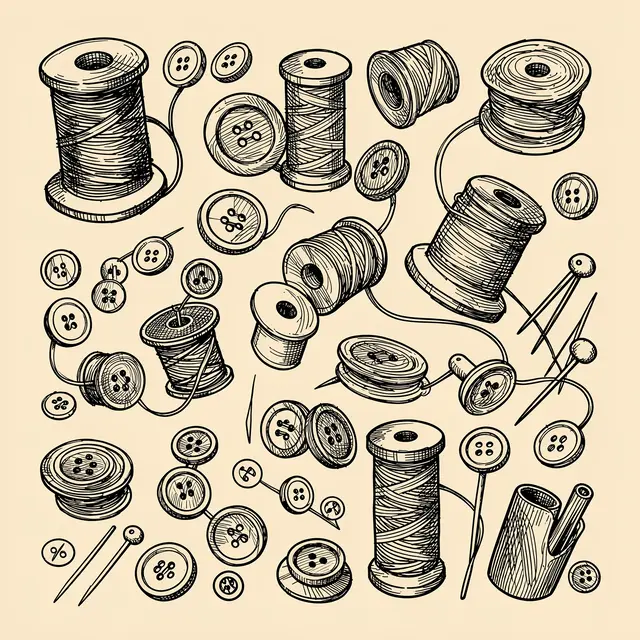 Black hand-drawn doodles of thread spools, buttons and sewing pins on a light beige background
