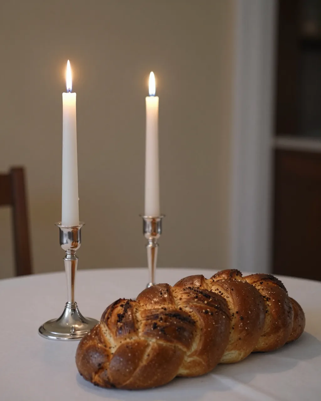 Lit tall white candles in silver holders sit beside a braided challah loaf on a white tablecloth for Shabbat.