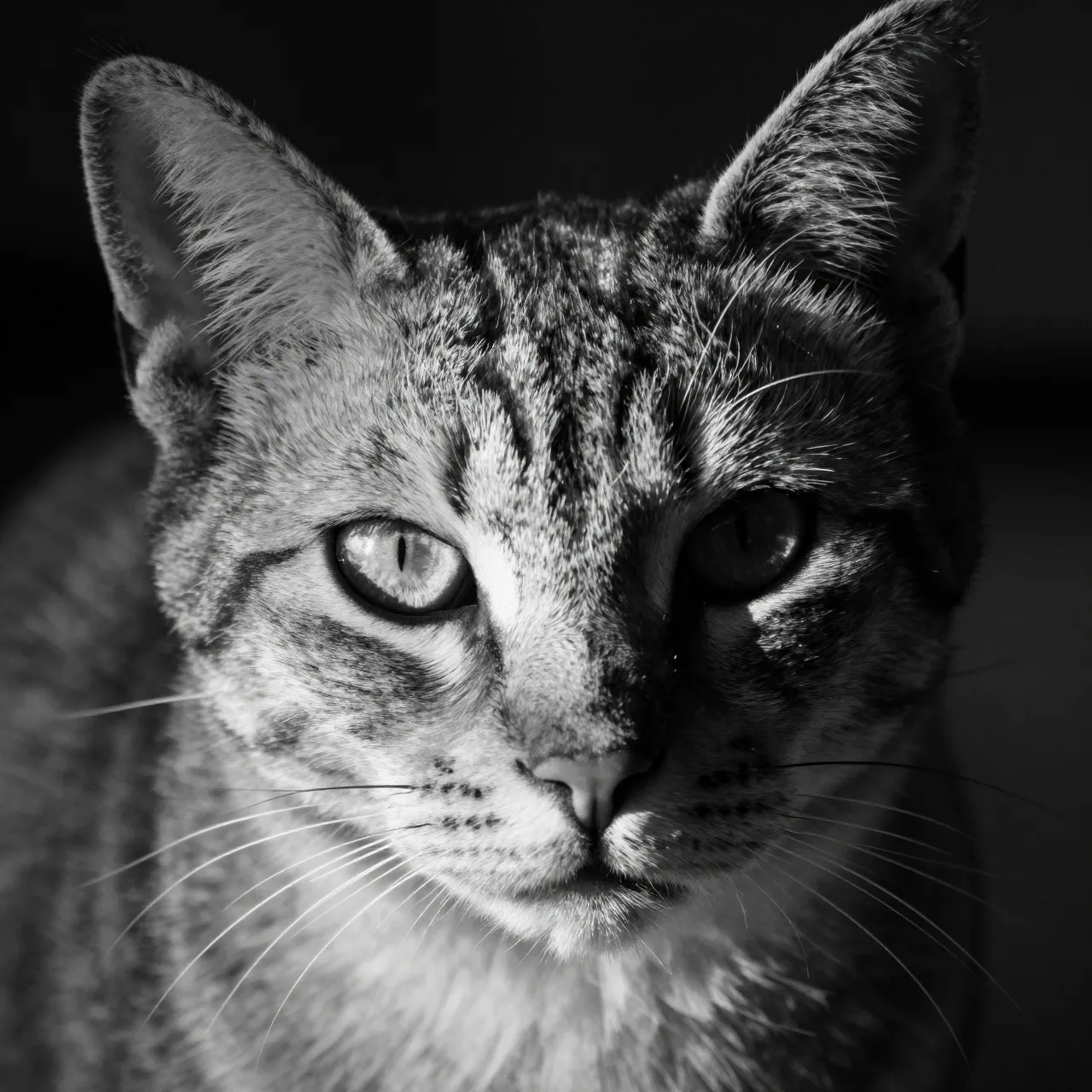 Black and white close-up of a tabby cat's face with one illuminated eye and the other in deep shadow