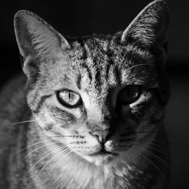 Black and white close-up of a tabby cat's face with one illuminated eye and the other in deep shadow